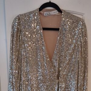 Zara Champagne Sequin Mini Dress Blazer